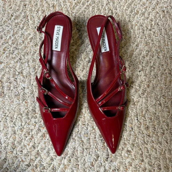 Steve Madden Liana Wine Red Patent Multi Strap Slingback Kitten Heel Pumps 8.5M - Picture 3 of 9